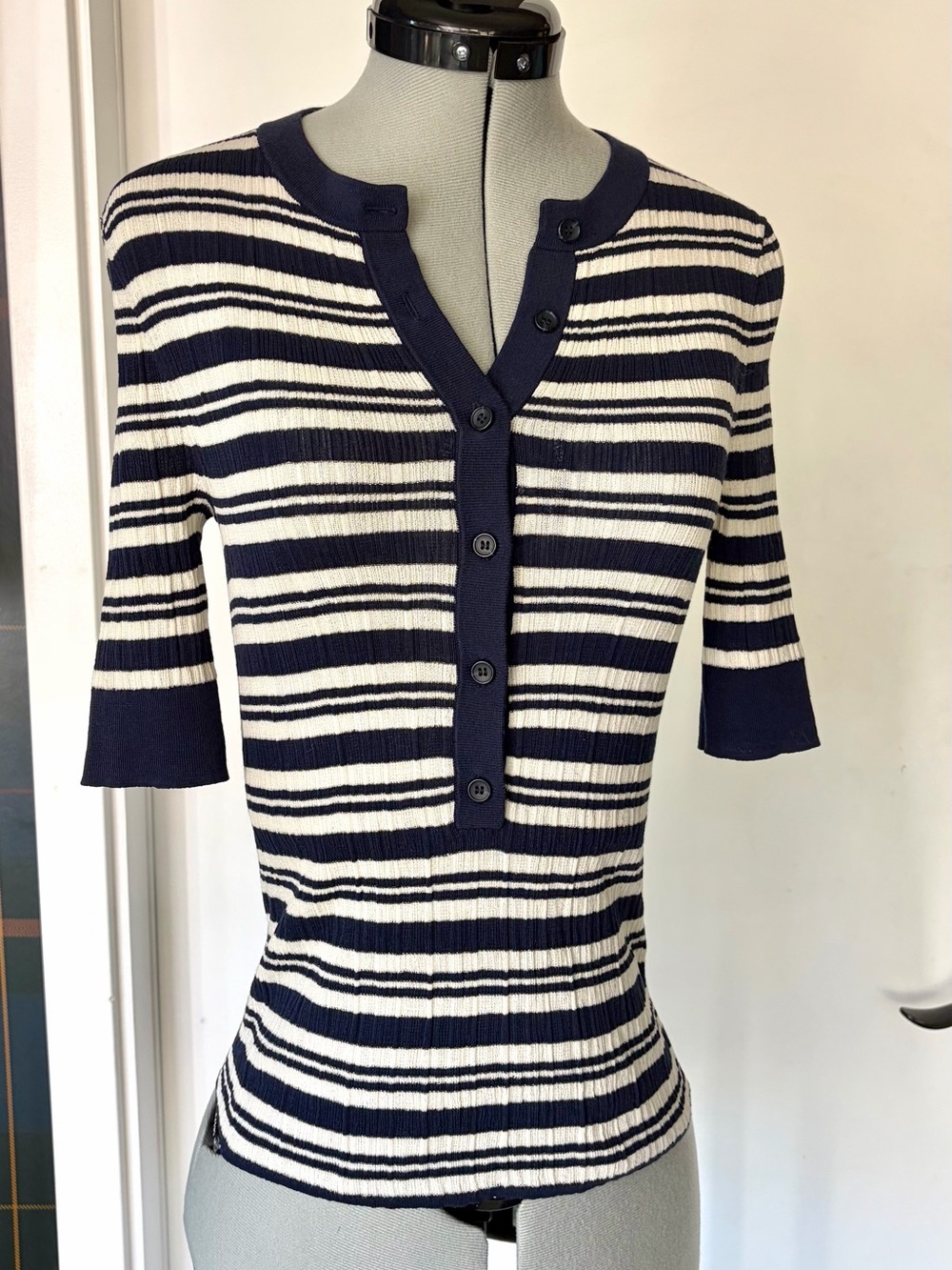 A.L.C. NWT Fisher Striped Short Sleeve knit button top, navy/white, S, $295
